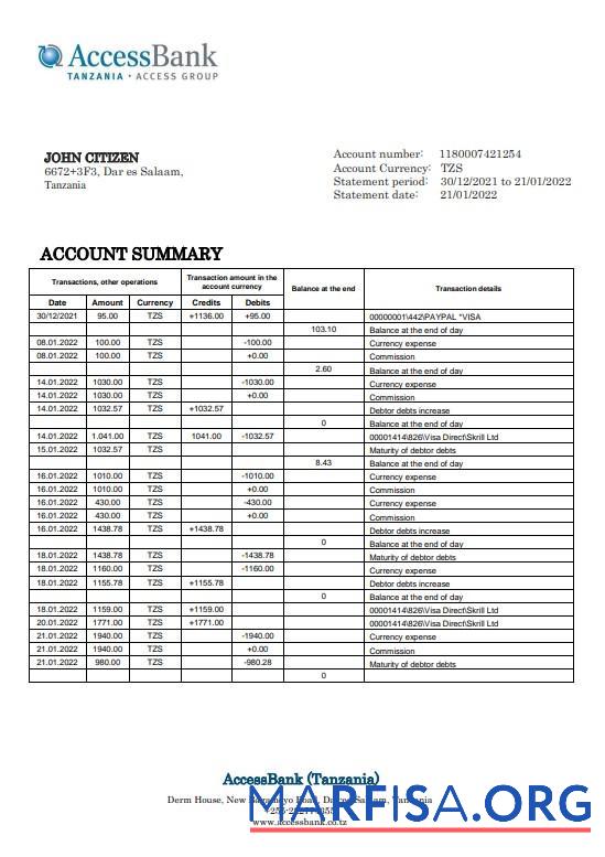 Downloadable Tanzania Access bank statement word template